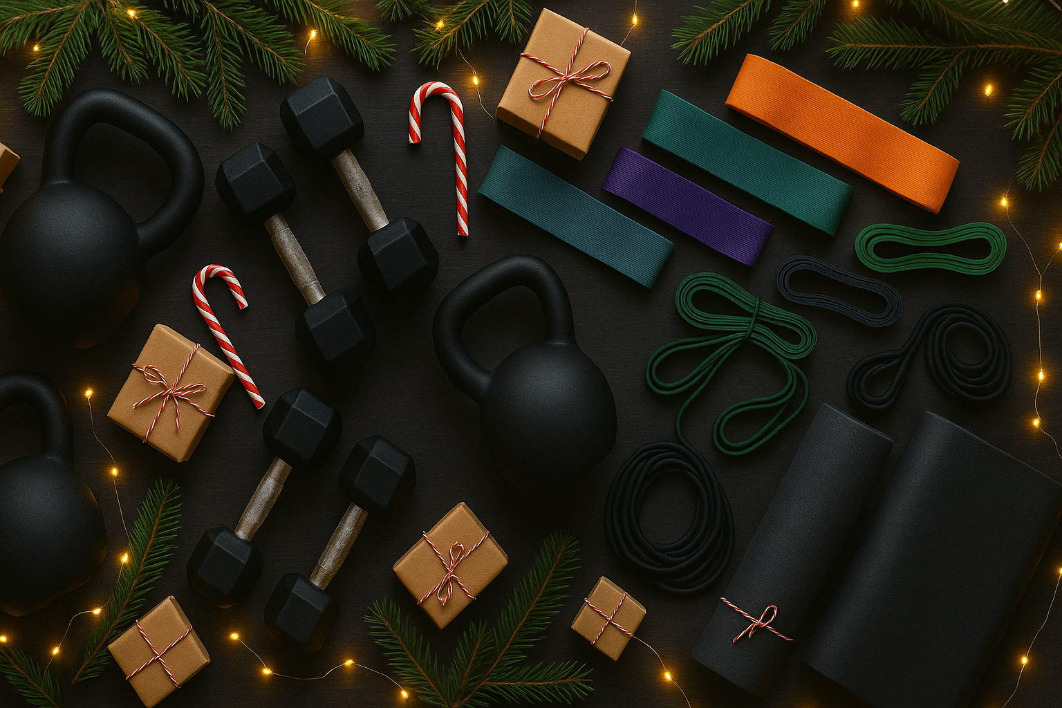 Hantlar, kettlebells och träningsband mot en mörk bakgrund med inslagna paket och tända ljusslingor