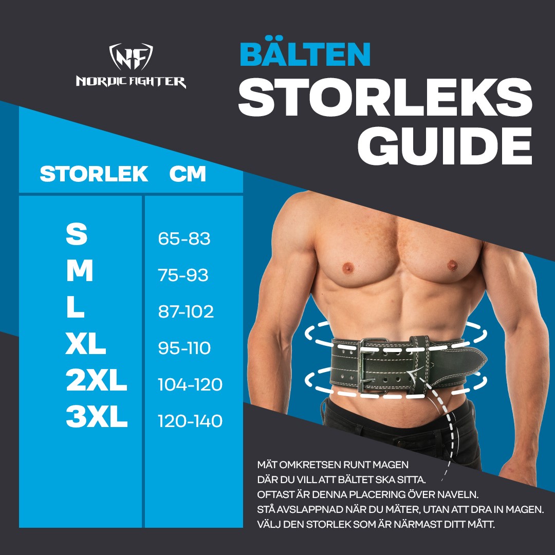 Måttabell för  Thor Fitness Styrkelyftsbälte I Rejält Läder, Svart