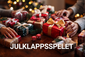 Ett bord med flera julklappar på och händer som sträcker sig för att ta paket. "Julklappspelet" står stort och tydligt med vita versaler.