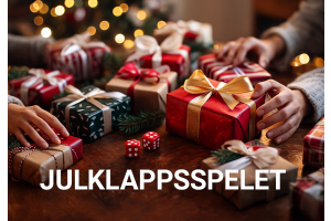 Ett bord med flera julklappar på och händer som sträcker sig för att ta paket. "Julklappspelet" står stort och tydligt med vita versaler.