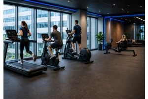 löpband, cykel, crosstrainer och roddmaskin i ett företagsgym