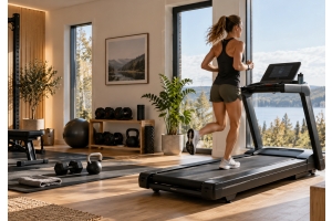 Kvinna springer på löpband i ett ljust hemmagym med hantlar, kettlebell och annan styrketräningsutrustning.