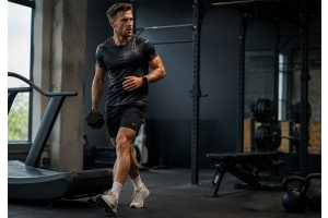 en man går med en hexhantel går i ett mörkt gym med löpband, racks och kettlebells