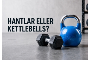 Hantlar eller kettlebells? Svart hantel och blå kettlebell