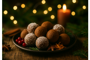 Proteinbollar med pepparkaka på ett mörkt fat med julig känsla runtom