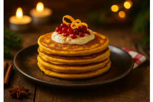 Proteinrika saffranspannkakor på en svart tallrik med tända ljus i bakgrunden