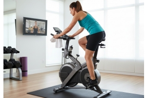 En ung vältränad kvinna cyklar på en spinningcykel i ett ljus hemmagym