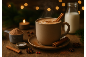 En beige kopp med varm choklad berikad med extra protein i en julig mörk miljö med kanelstänger på ett träbord