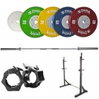 Hemmagympaket 3 med squat rack, styrkelyftsstång, tävlingsvikter och skivstångslås