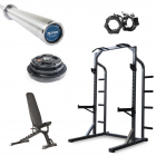 Rack 'n Roll paketet från Nordic Fighter med half rack, skivstång, viktskivor, skivstångslås och ställbar träningsbänk.