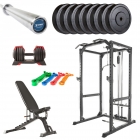 Viktors hemmagymspaket bas med skivstång, bumpers, ställbar hantel 24 kg, power cage, weight bands och ställbar träningsbänk.