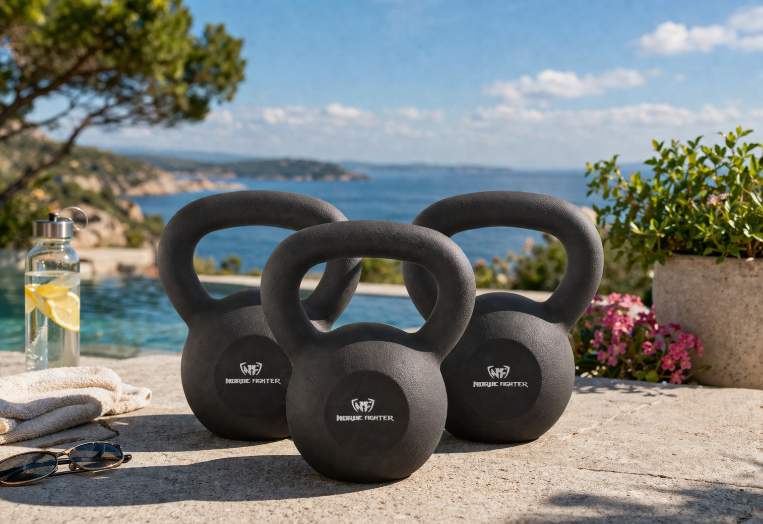 Tre kettlebells på stranden
